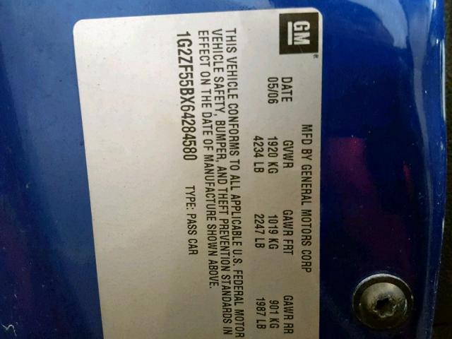 1G2ZF55BX64284580 - 2006 PONTIAC G6 SE BLUE photo 10