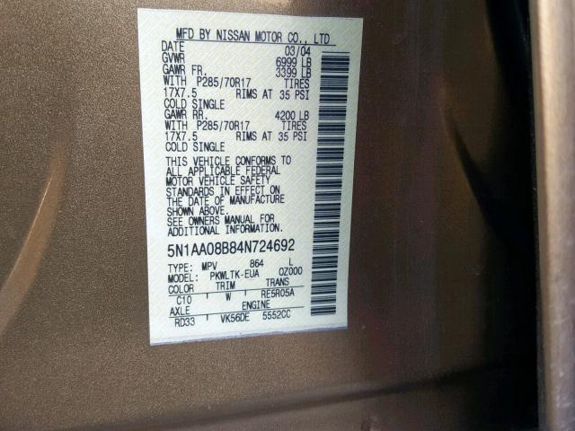 5N1AA08B84N724692 - 2004 NISSAN ARMADA SE GOLD photo 10