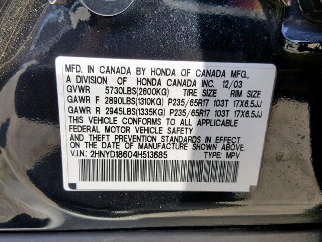 2HNYD18604H513685 - 2004 ACURA MDX TOURIN BLACK photo 10