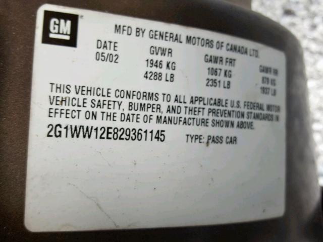 2G1WW12E829361145 - 2002 CHEVROLET MONTE CARL 棕色 照片 10