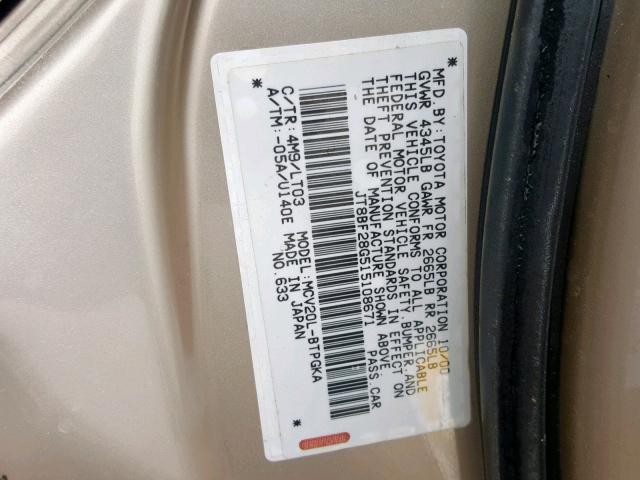 JT8BF28G515108671 - 2001 LEXUS ES 300 GOLD photo 10