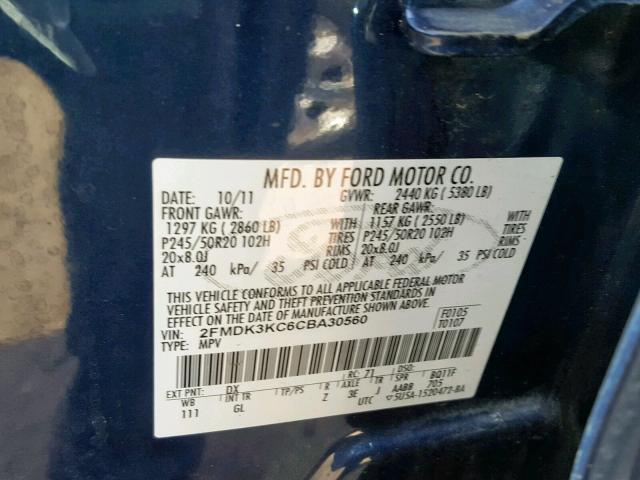 2FMDK3KC6CBA30560 - 2012 FORD EDGE LIMIT BLUE photo 10