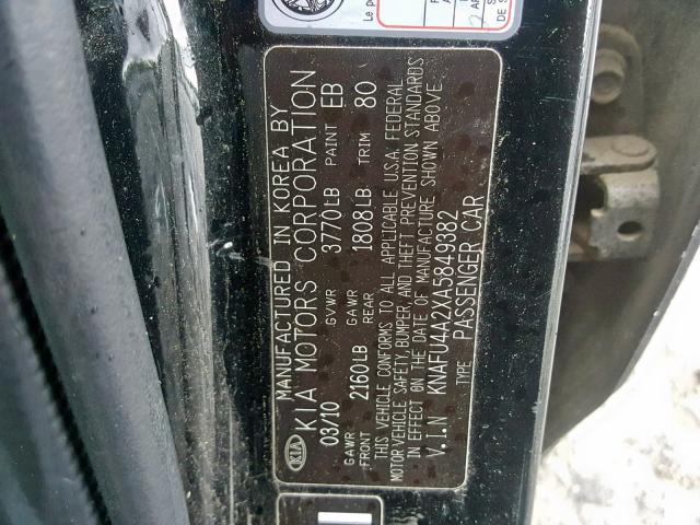 KNAFU4A2XA5849382 - 2010 KIA FORTE EX BLACK photo 10