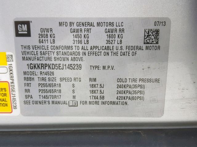 1GKKRPKD5EJ145239 - 2014 GMC ACADIA SLE SILVER photo 10