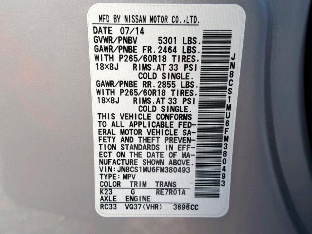 JN8CS1MU6FM380493 - 2015 INFINITI QX70 SILVER photo 10