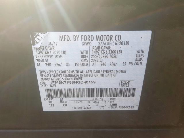 1FM5K7F88HGD40159 - 2017 FORD EXPLORER LIMITED  photo 10