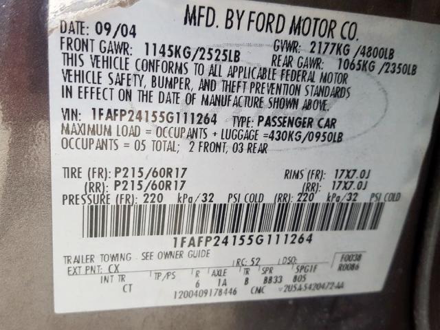 1FAFP24155G111264 - 2005 FORD FIVE HUNDRED SEL  photo 10