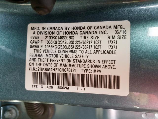 2HKRM4H71GH676121 - 2016 HONDA CR-V EXL  photo 10