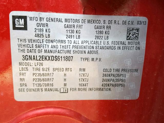 3GNAL2EKXDS611807 - 2013 CHEVROLET CAPTIVA LS 红色 照片 10
