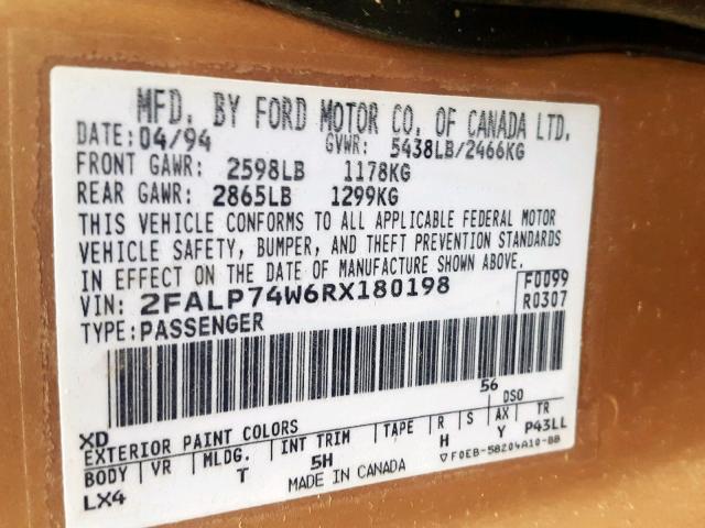 2FALP74W6RX180198 - 1994 FORD CROWN VICT TAN photo 10