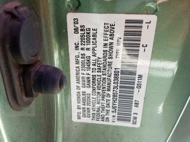 5J6YH28573L038801 - 2003 HONDA ELEMENT EX GREEN photo 10