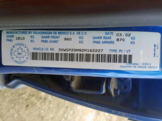 3VWSP29M92M162227 - 2002 VOLKSWAGEN JETTA GLS BLUE photo 10