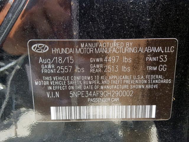 5NPE34AF9GH290002 - 2016 HYUNDAI SONATA SPO BLACK photo 10