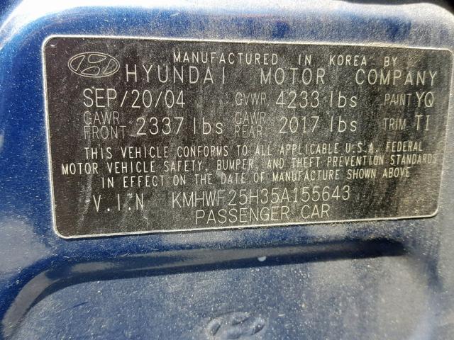 KMHWF25H35A155643 - 2005 HYUNDAI SONATA GL BLUE photo 10