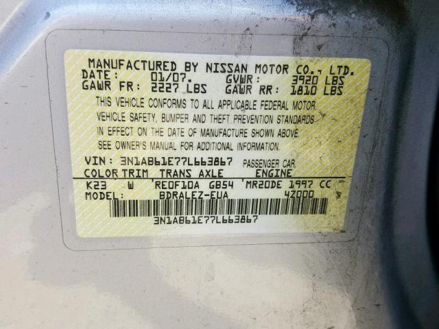 3N1AB61E77L663867 - 2007 NISSAN SENTRA 2.0 SILVER photo 10