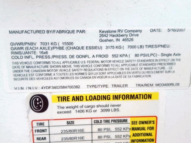 4YDF3402584700382 - 2008 KEYSTONE MONTANA WHITE photo 10