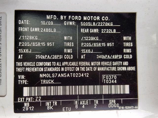 NM0LS7AN5AT023412 - 2010 FORD TRANSIT CO WHITE photo 10