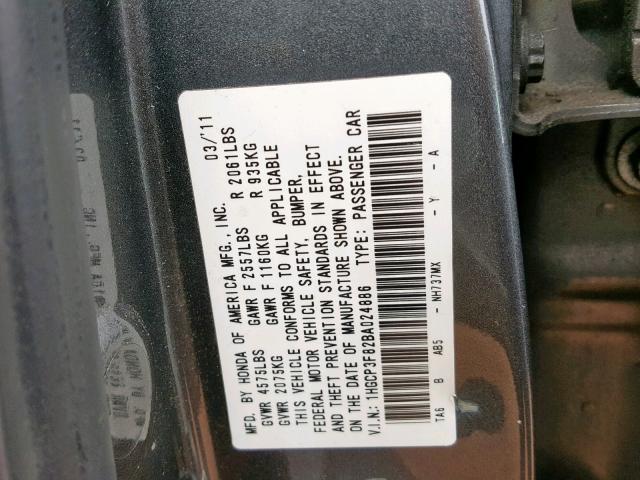 1HGCP3F82BA024886 - 2011 HONDA ACCORD EXL GRAY photo 10