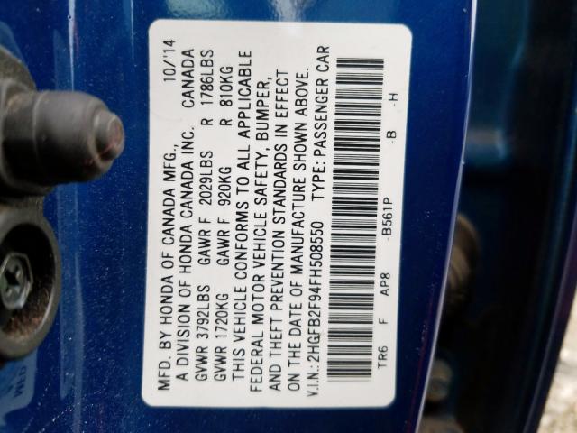 2HGFB2F94FH508550 - 2015 HONDA CIVIC EXL  照片 10