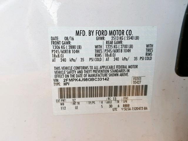 2FMPK4J98GBC33142 - 2016 FORD EDGE SEL WHITE photo 10