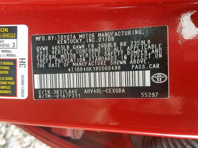 4T1BB46K18U060498 - 2008 TOYOTA CAMRY HYBR RED photo 10