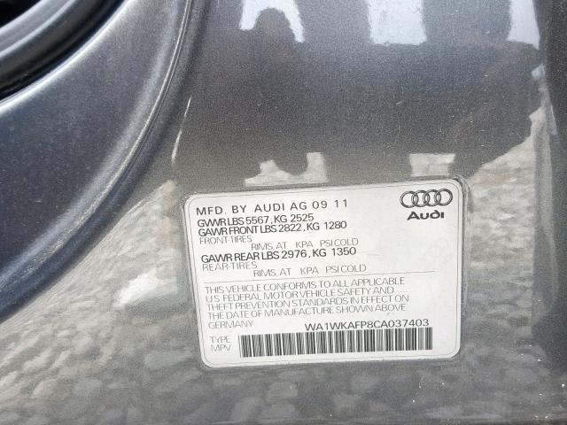 WA1WKAFP8CA037403 - 2012 AUDI Q5 PRESTIG GRAY photo 10