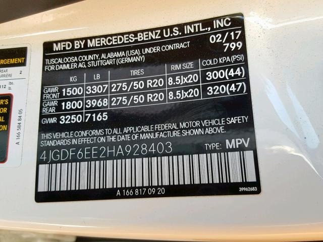 4JGDF6EE2HA928403 - 2017 MERCEDES-BENZ GLS 450 4M WHITE photo 10