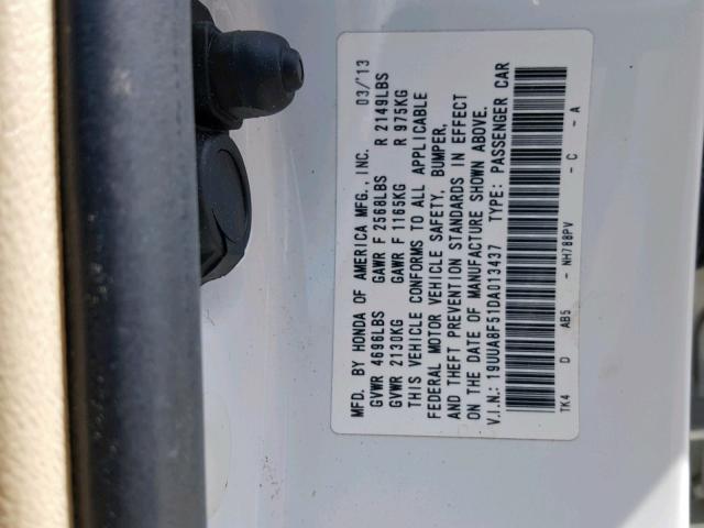 19UUA8F51DA013437 - 2013 ACURA TL TECH WHITE photo 10