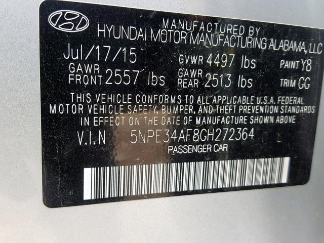 5NPE34AF8GH272364 - 2016 HYUNDAI SONATA SPO SILVER photo 10