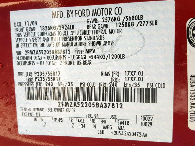 2FMZA52205BA37812 - 2005 FORD FREESTAR S MAROON photo 10