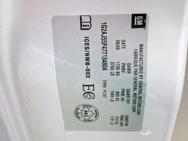 1G2AJ55F477134804 - 2007 PONTIAC G5 SILVER photo 10