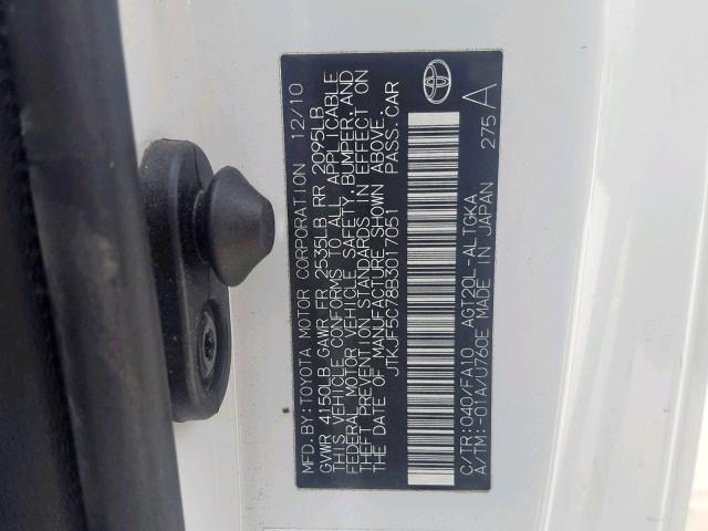 JTKJF5C78B3017051 - 2011 TOYOTA SCION TC WHITE photo 10