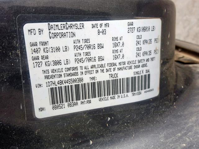 1D7HL48K44S500380 - 2004 DODGE DAKOTA QUA CHARCOAL photo 10