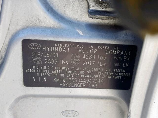 KMHWF25S34A947348 - 2004 HYUNDAI SONATA GL SILVER photo 10