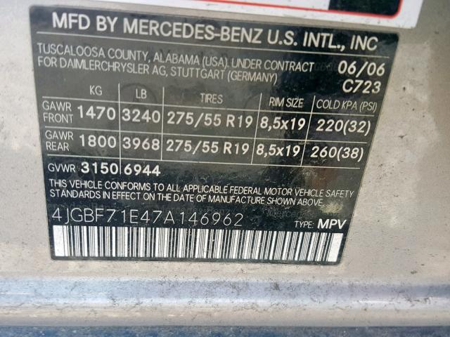 4JGBF71E47A146962 - 2007 MERCEDES-BENZ GL 450 4MA GRAY photo 10