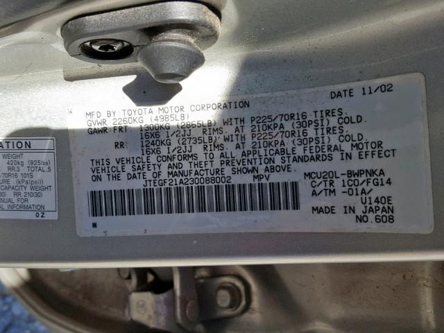 JTEGF21A230088002 - 2003 TOYOTA HIGHLANDER SILVER photo 10