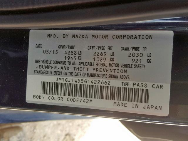 JM1GJ1W55G1422662 - 2016 MAZDA 6 GRAND TO BLUE photo 10