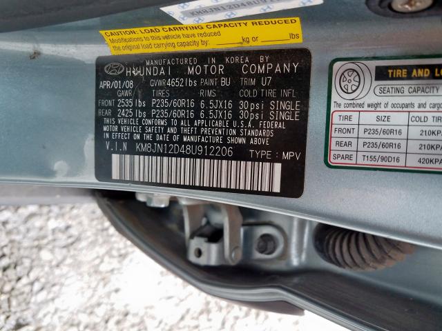 KM8JN12D48U912206 - 2008 HYUNDAI TUCSON SE  photo 10