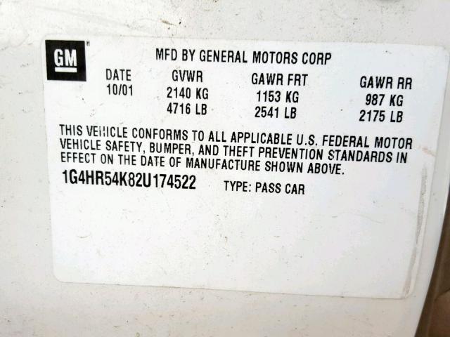 1G4HR54K82U174522 - 2002 BUICK LESABRE LI WHITE photo 10