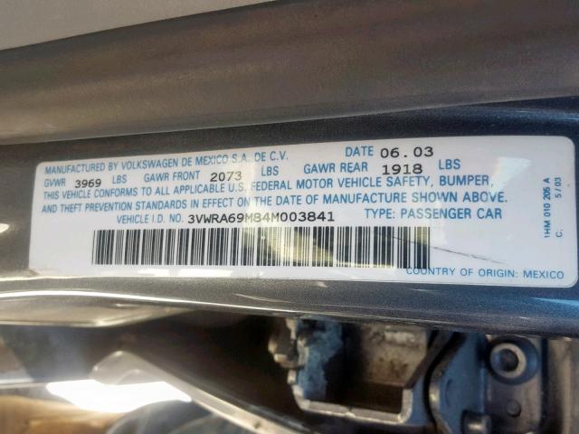 3VWRA69M84M003841 - 2004 VOLKSWAGEN JETTA GL GRAY photo 10