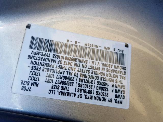 5FNRL38928B101623 - 2008 HONDA ODYSSEY TO SILVER photo 10