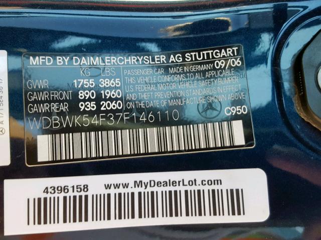 WDBWK54F37F146110 - 2007 MERCEDES-BENZ SLK 280 BLUE photo 10