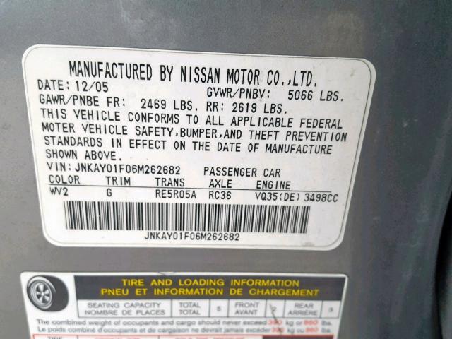 JNKAY01F06M262682 - 2006 INFINITI M35 BASE GRAY photo 10