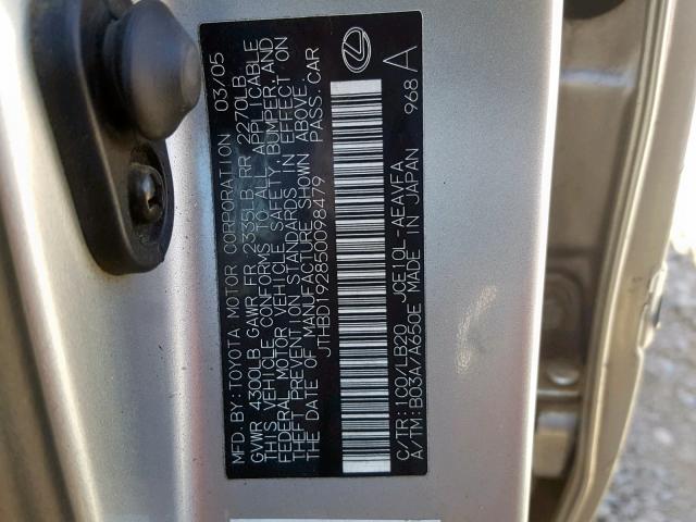 JTHBD192850098479 - 2005 LEXUS IS 300 SILVER photo 10