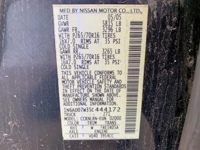 1N6AD07W35C444172 - 2005 NISSAN FRONTIER C BLACK photo 10