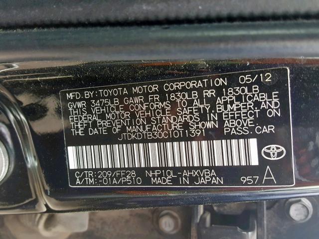 JTDKDTB30C1011391 - 2012 TOYOTA PRIUS C BLACK photo 10