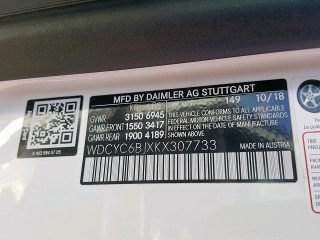 WDCYC6BJXKX307733 - 2019 MERCEDES-BENZ G 550 WHITE photo 10