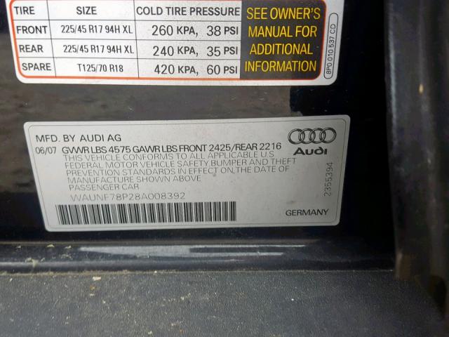 WAUNF78P28A008392 - 2008 AUDI A3 2.0 PRE BLACK photo 10