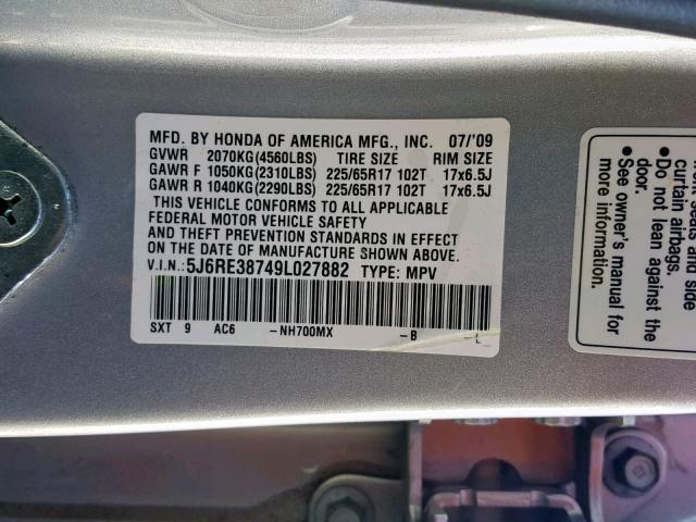 5J6RE38749L027882 - 2009 HONDA CR-V EXL SILVER photo 10