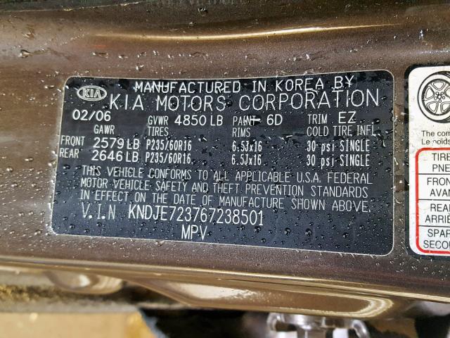 KNDJE723767238501 - 2006 KIA NEW SPORTA BROWN photo 10